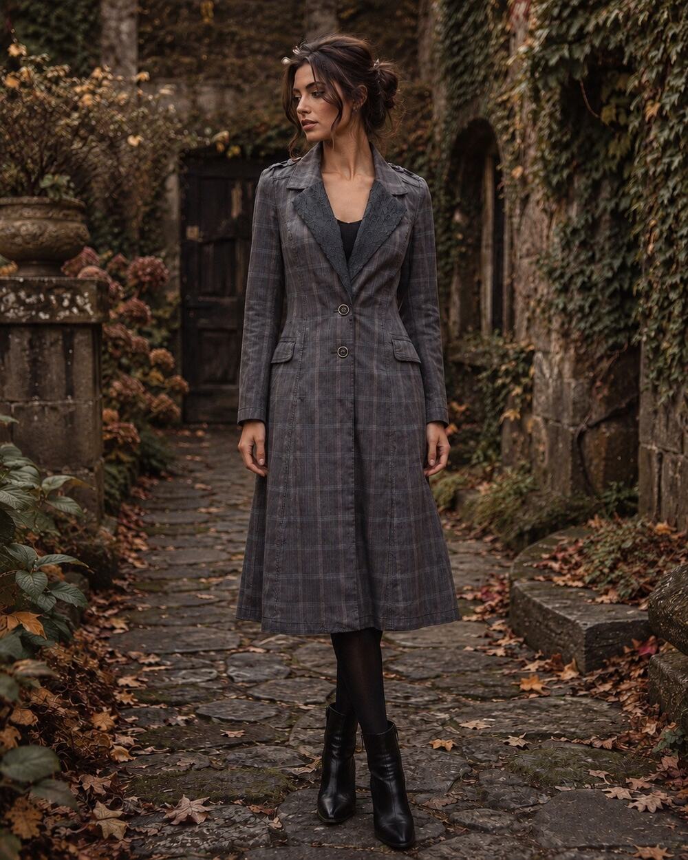 Free People Whimsygoth Plaid Lace Long Coat Jacket Boho Victorian Dark Academia